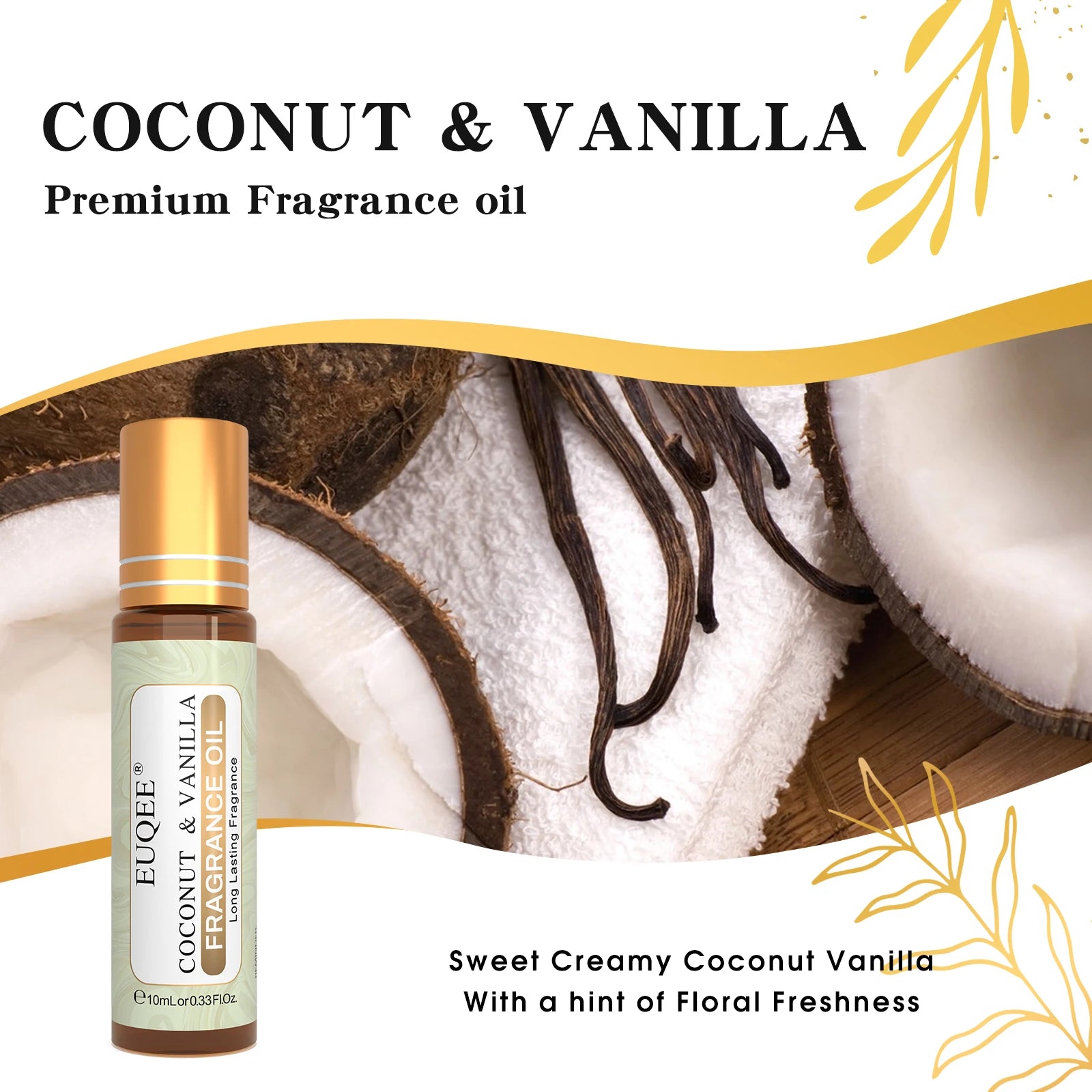 EUQEE 10ml Roll-On Fragrance Oil for Women - Portable Roller Perfume in Coconut Vanilla, Bubble Gum, Midnight Rose (Amber Glass)