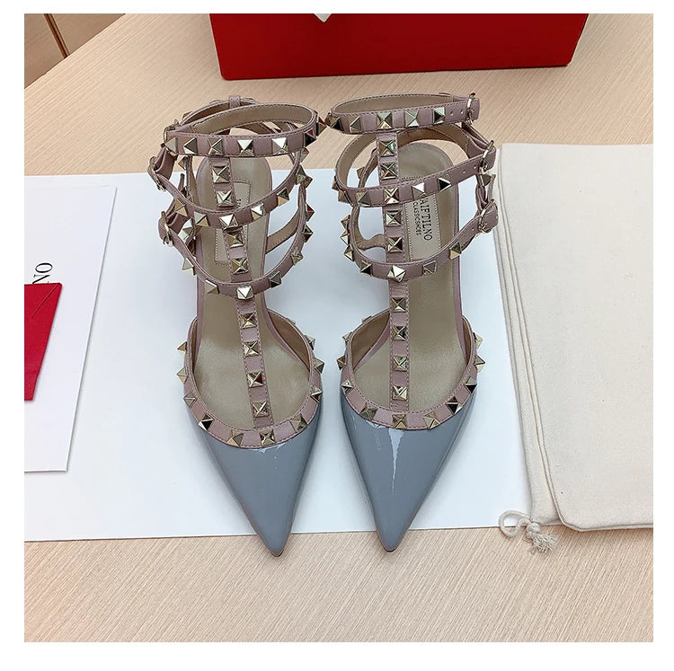 Women's Gladiator High-Heel Sandals - Black Patent Leather 3-Strap Ankle Strap Rivet Designer Heels