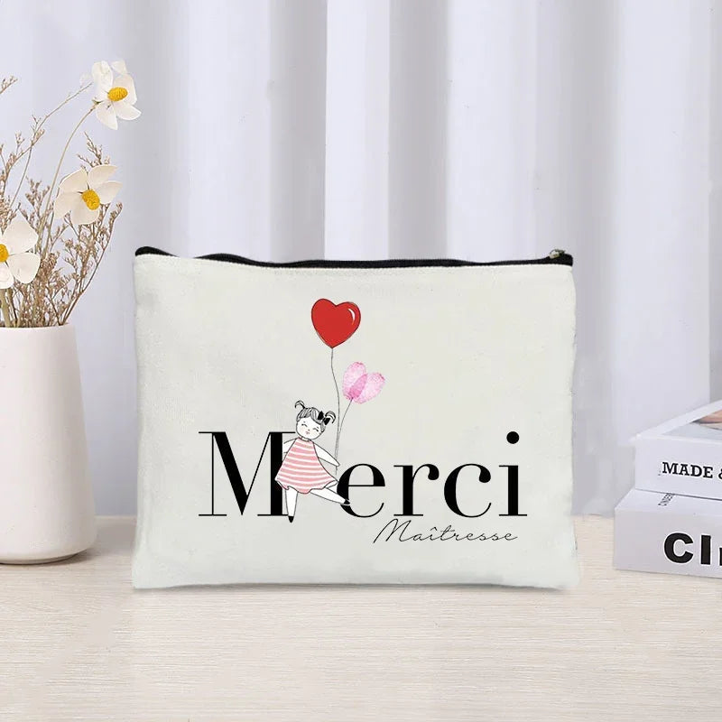 Thank You Makeup Bag Cosmetic Pouch - Merci Teacher Gift Travel Zipper Canvas Pouch (22 x 14 cm / 8.7 x 5.5 in)
