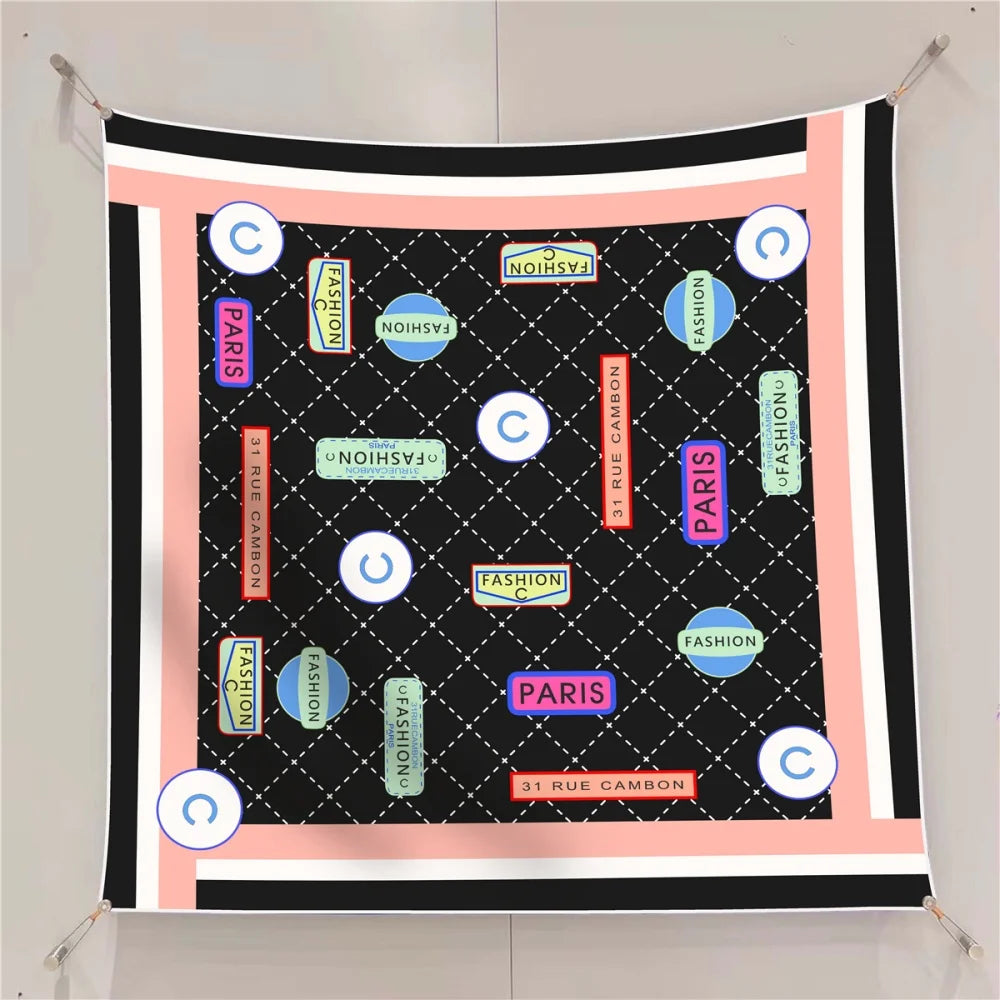 Twill Silk Square Scarf 90 x 90 cm (35.4 in) - Floral & Letter Print Women's Neck Kerchief Wrap