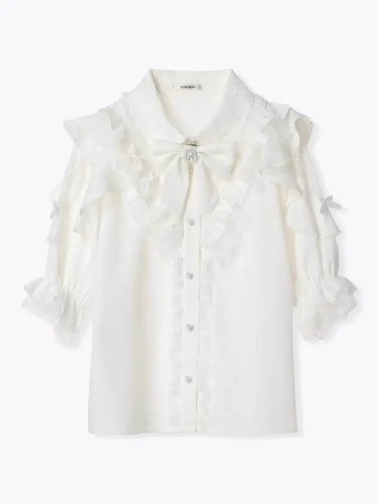 Noemi-Inspired Ruffle Bow Off-Shoulder Lace Blouse — Yami Kawaii Lolita Bell Sleeve Top