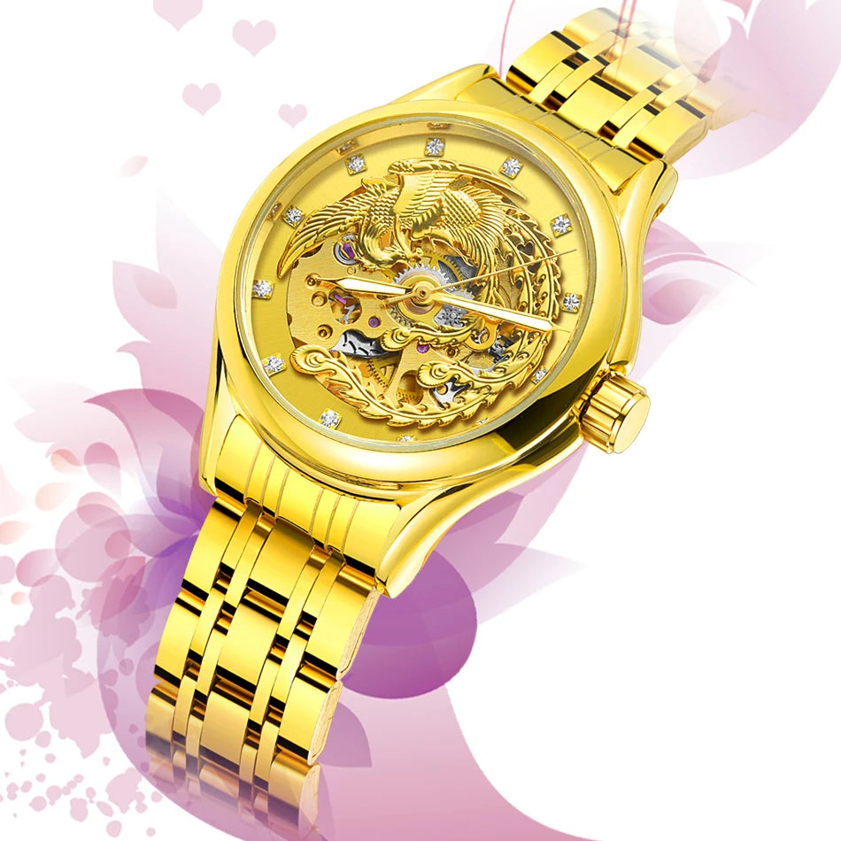 Golden Phoenix Skeleton Dial Automatic Women's Watch Stainless Steel Waterproof Luxury