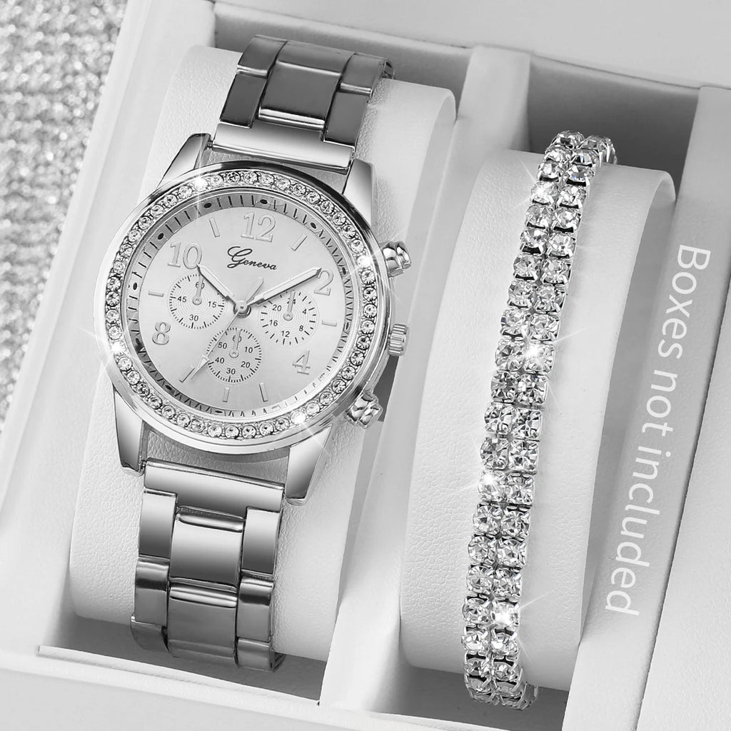 Women's Silver Stainless Steel Quartz Watch with Diamond-Accent Bracelet — 38mm