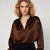 Korean Slim Satin Blouse for Women, Office Casual Long Button Shirt Solid Multicolor