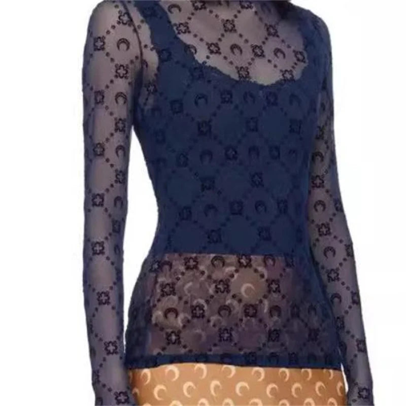 Women's Tulle Mesh Long Sleeve Sheer Blouse Moon Flocked Y2K Top