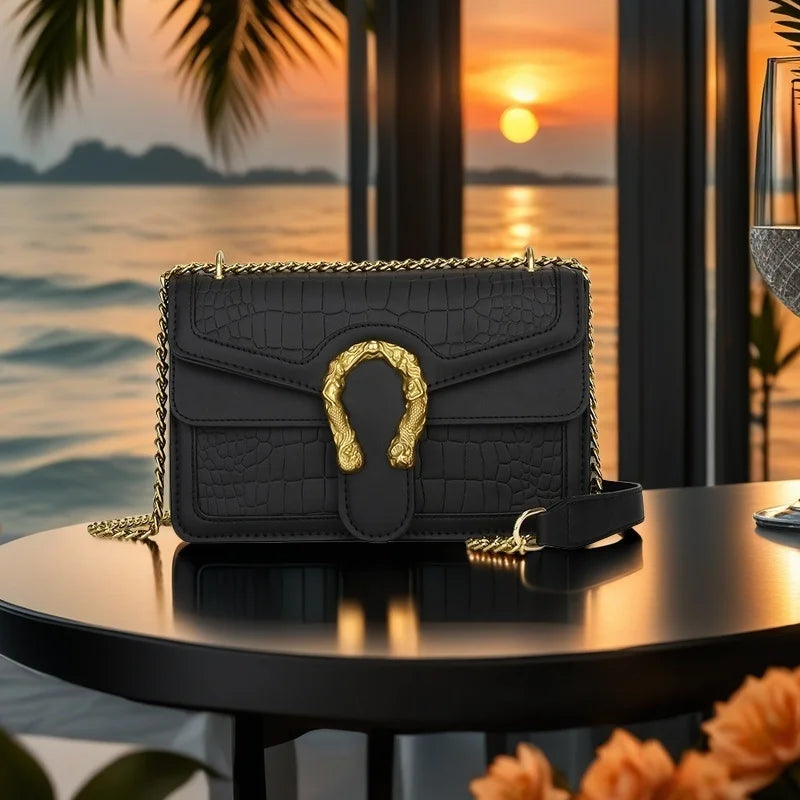 Printed Chain Shoulder Bag for Women - Small Square Crossbody Purse for Travel & Daily Use