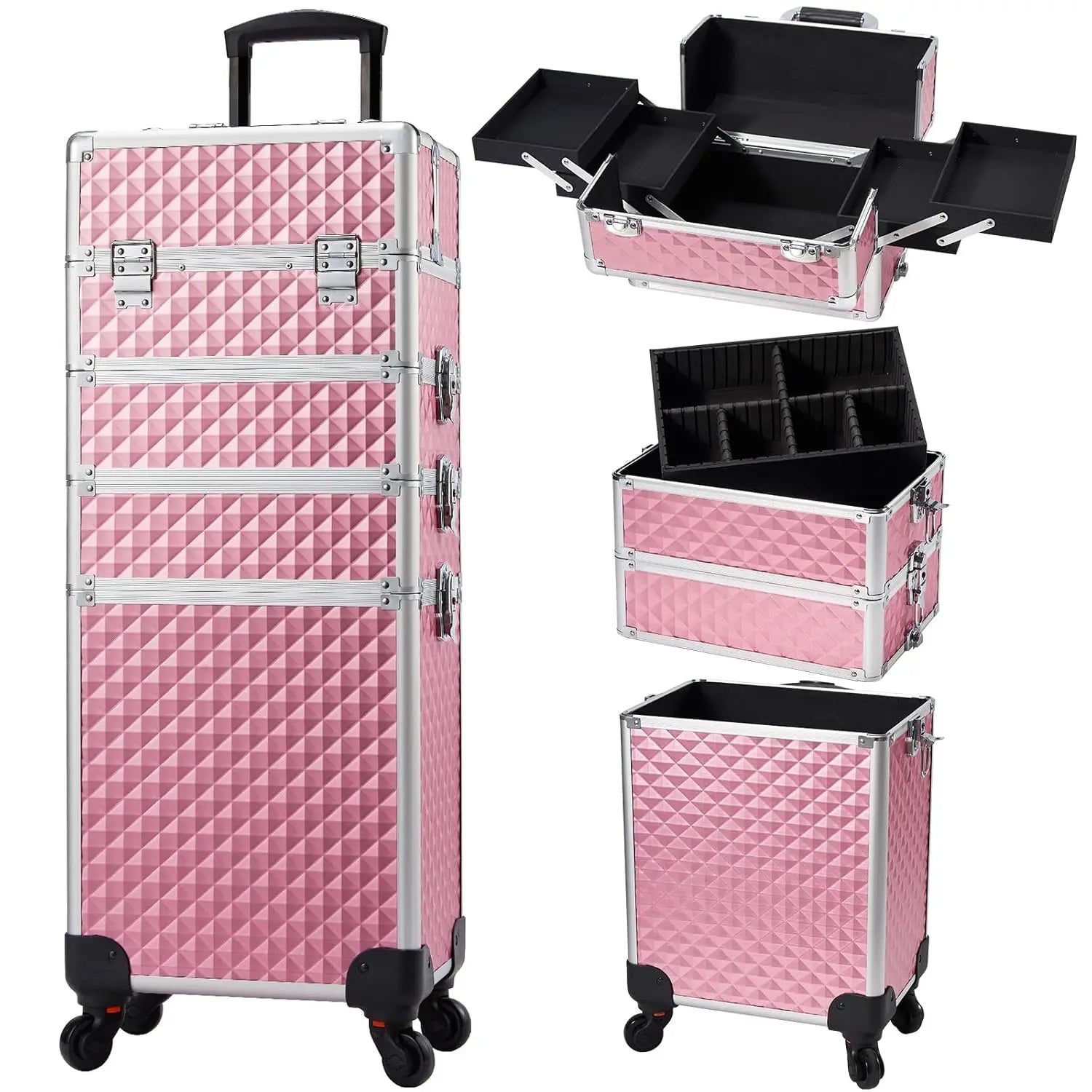 4-in-1 Rolling Makeup Train Case – Large Capacity Cosmetic Trolley with Wheels & Locking Keys for Salon and Travel