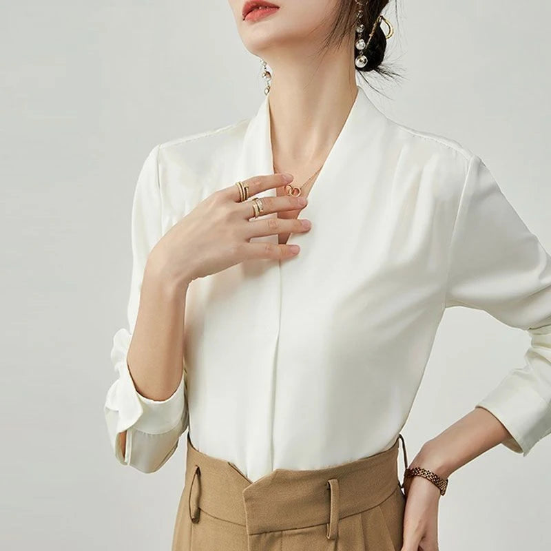 Korean Solid V-Neck Chiffon Blouse — Elegant Long Sleeve Loose-Fit Women's Commuter Shirt
