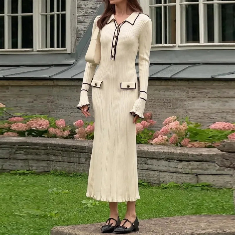 Knitted Patchwork Ruffle Midi Dress for Women, High Waist A-Line with Lapel Buttons and Flare Sleeves