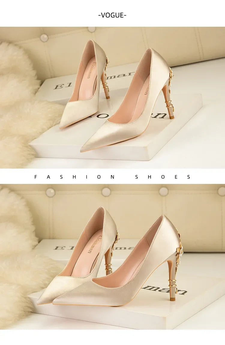 Women's Satin Pointed-Toe Stiletto Pumps with Metal Flower Detail — High Heel Wedding Shoes