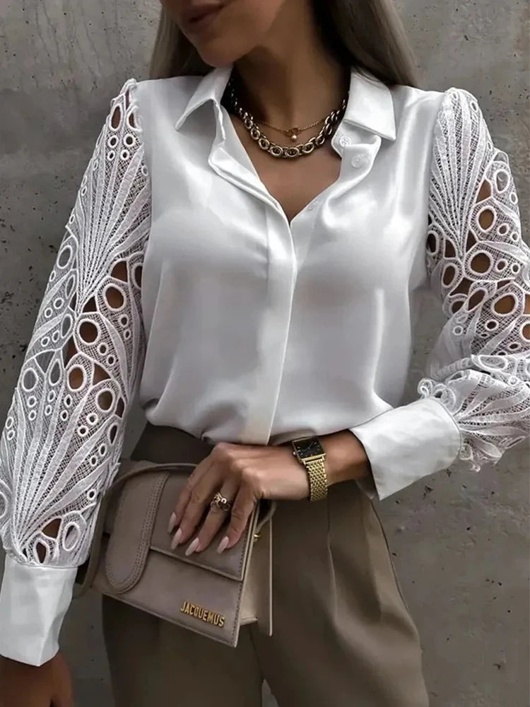 Women’s Lace V-Neck Pullover Blouse Long Sleeve Casual Shirt, Regular Fit with Tatting Trim - Spring/Summer