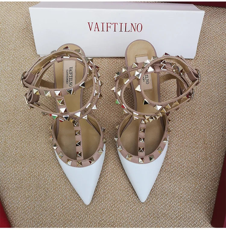 Women's Gladiator High-Heel Sandals - Black Patent Leather 3-Strap Ankle Strap Rivet Designer Heels