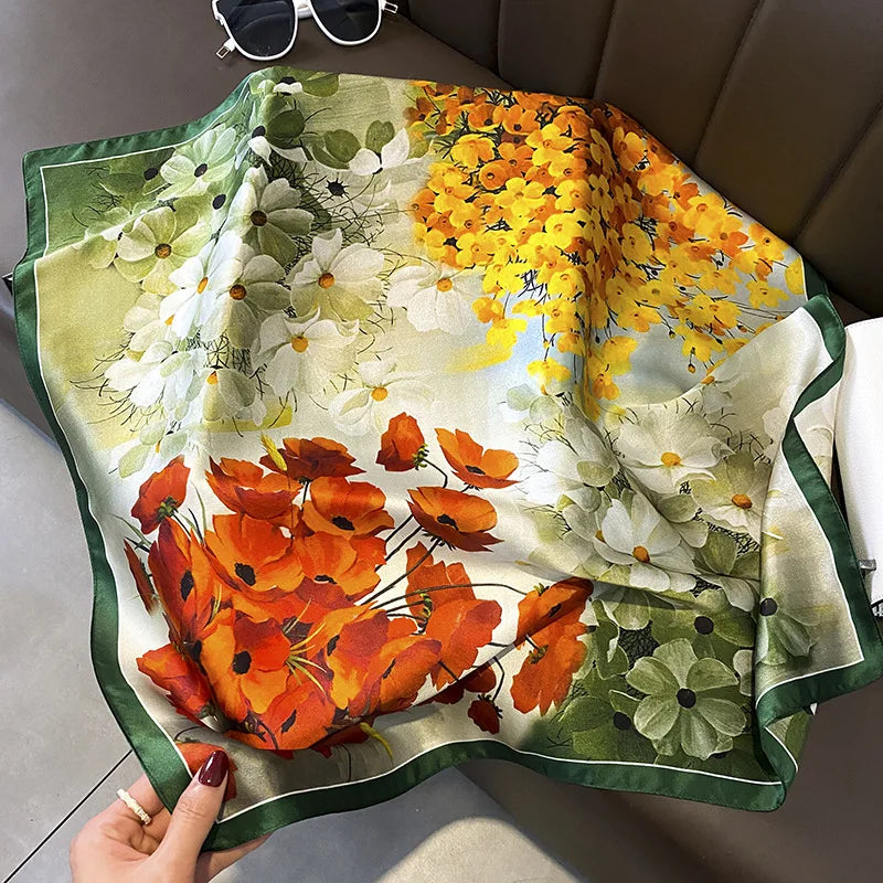 70 x 70 cm (27.6 x 27.6 in) Floral Satin-Look Polyester Square Scarf - Women's Headscarf, Hijab, Hair Band & Wrist Wrap