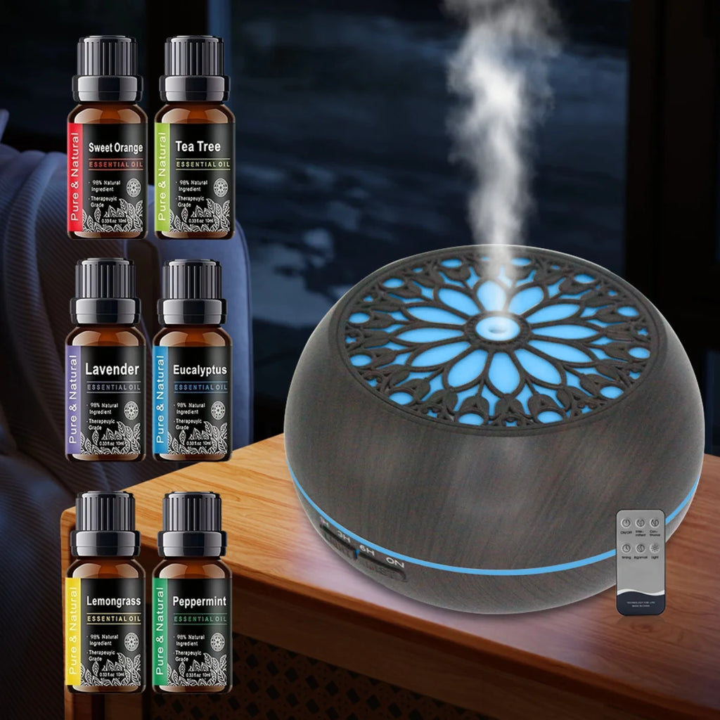 550ml (18.6 fl oz) Essential Oil Diffuser Humidifier for Large Room, Remote Control, 6 Oil Blends, Auto Shut-Off, 7-Color LED