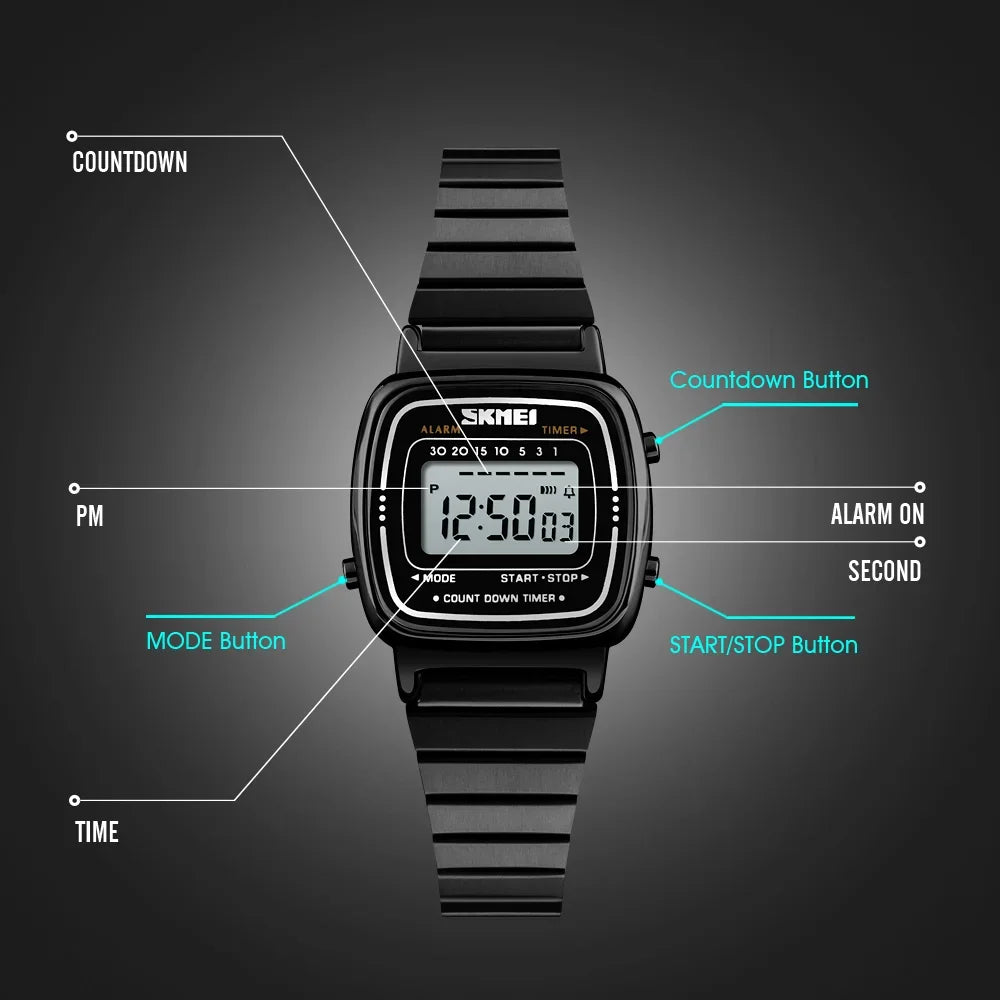 SKMEI Luxury Women's Small Dial Digital Chronograph Watch 25mm 30M Waterproof Stainless Steel Bracelet