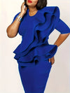 Plus Size Ruffle Peplum Dress, Stretch Polyester Round Neck, Elegant Ruffle Hem, All-Season