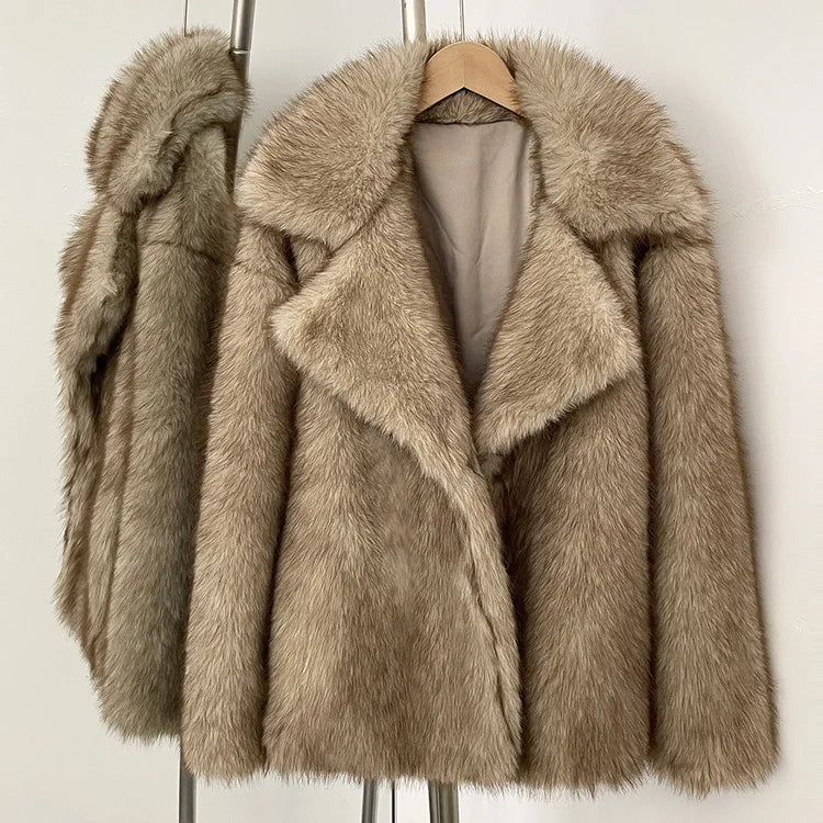 Women's Faux Fur Long Coat – Khaki Warm Fluffy Overcoat, Double-Faced Fur