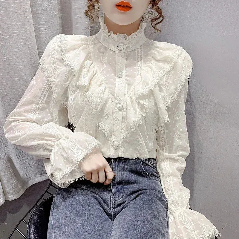 Women's Long Sleeve Loose Ruffle Lace Blouse – Button Stand Collar Pleated Casual Top (White/Apricot)