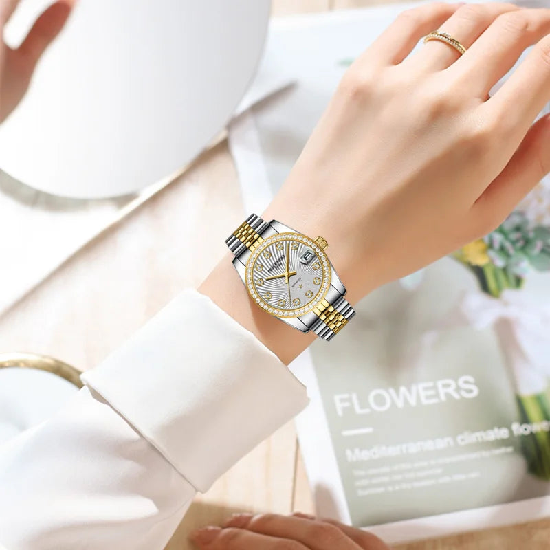 ROLENDO Classic 32mm Automatic Women’s Date Watch – Sapphire Crystal, Gold Diamond-Set, 300m Water Resistant, Butterfly Clasp