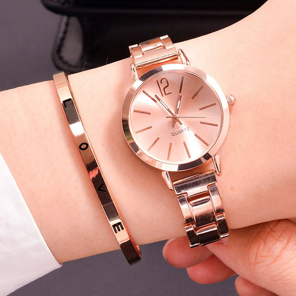 2-Pack Women's Gold Bracelet Quartz Watch Set - Hollow Strap Minimal Dial Fashion Wristwatch