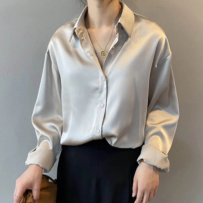 Elegant Satin Women's Button-Up Blouse Turn-Down Collar Vintage Casual Silk-Look Top