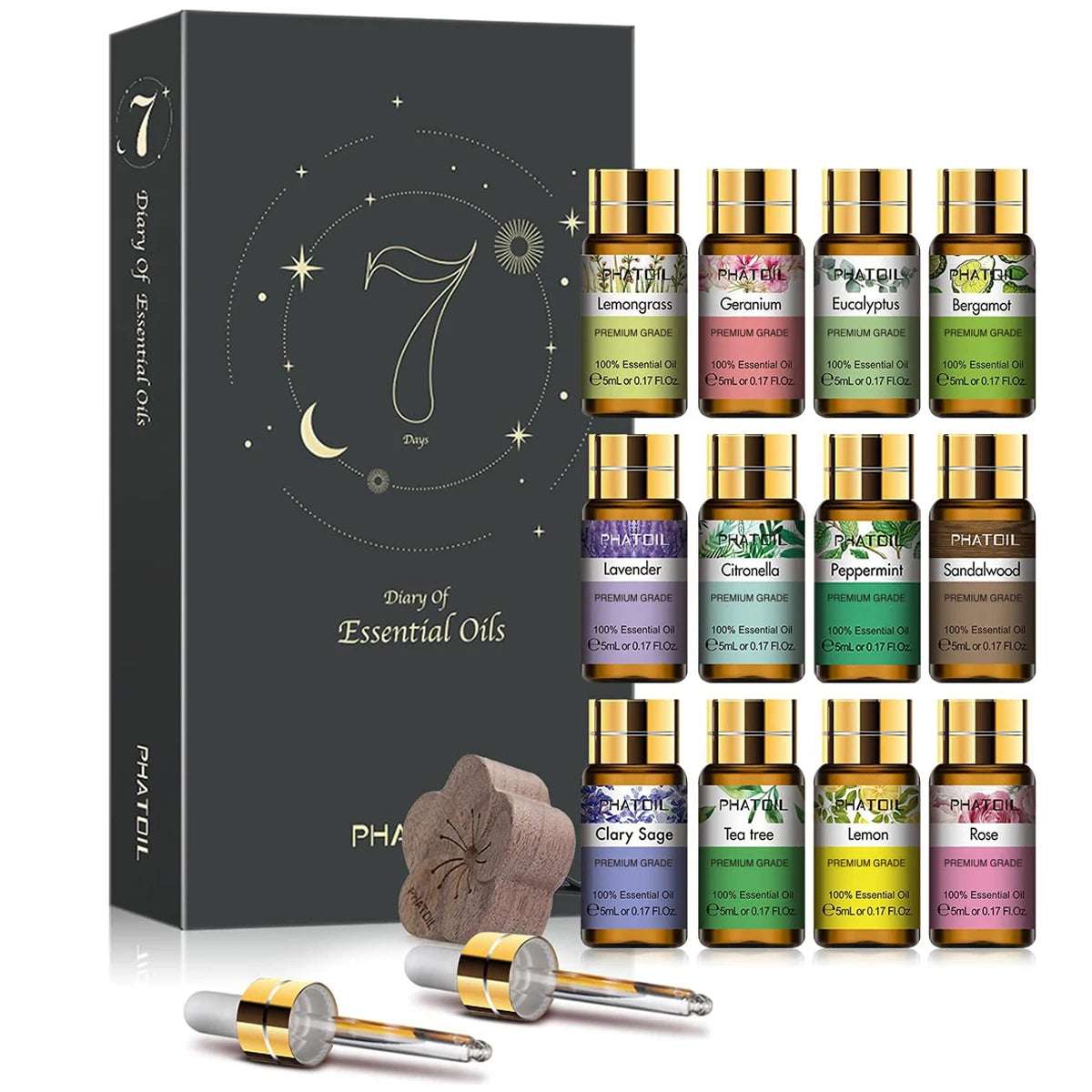 PHATOIL 12-Pack 5ml Essential Oils Gift Set — Pure Aromatherapy Oils for Diffusers, Humidifiers & Massage (Lavender, Lemongrass, Rose, Lemon, Tea Tree, Geranium)
