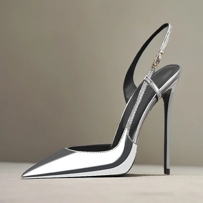 Black & White Patent Cutout Rear-Strap Stiletto Heels — Plus Size