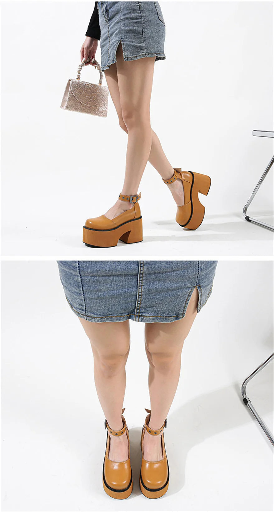 Women's Patent Leather Buckle Loafers – Retro Platform Pumps, 10 cm (3.94 in) Chunky Heel, 4 cm (1.57 in) Platform