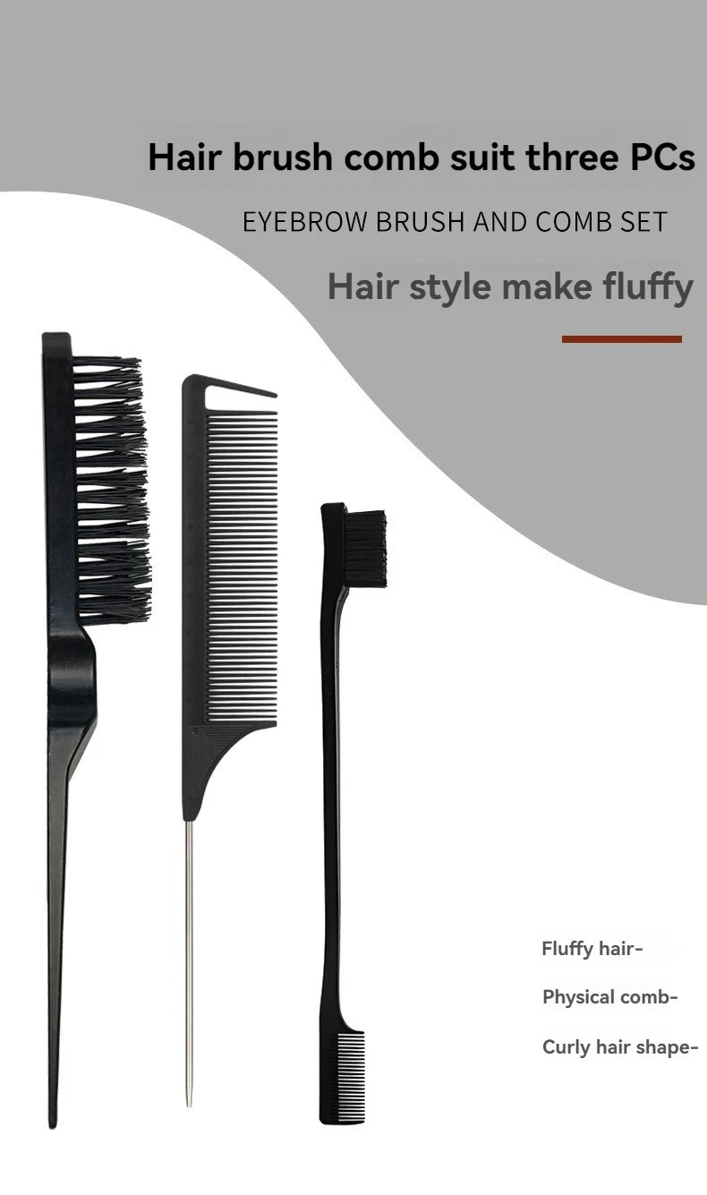 3-Piece Hair Comb & Eyebrow Brush Set - Tail Comb, 3-Row Detangling Comb, Steel Pin Tail Comb