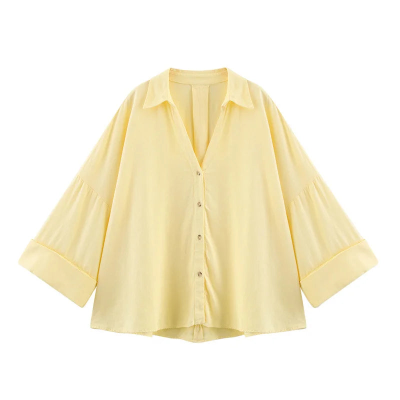 Women's Long Sleeve V-Neck Blouse - Solid Color Office Shirt, Spring/Summer