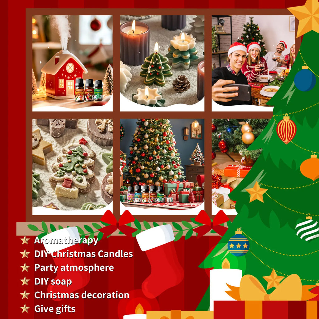 Christmas Essential Oil Set — 6-Pack or Single 10ml (0.34 fl oz) Natural Fragrance Oils for Diffusers Candles DIY Gift Box