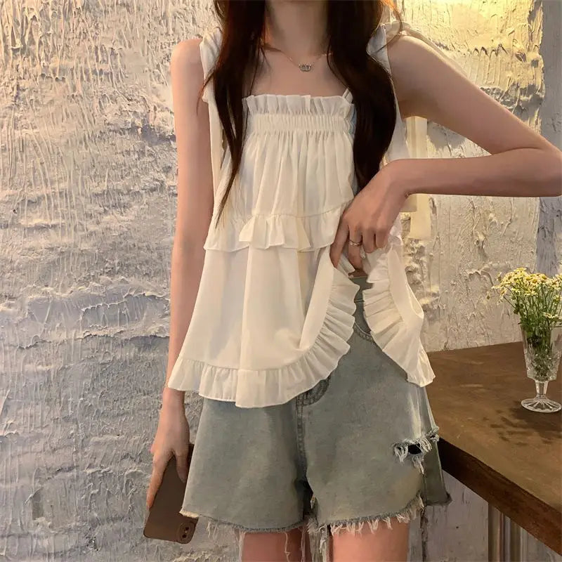 Korean Style Ruffled Spaghetti Strap Blouse - Solid Summer Slash Neck Women's Top