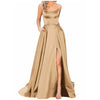 Navy Blue Halter Satin Bridesmaid Dress – Long Spaghetti Straps A-Line with Backless Criss-Cross, Side Slit & Pockets