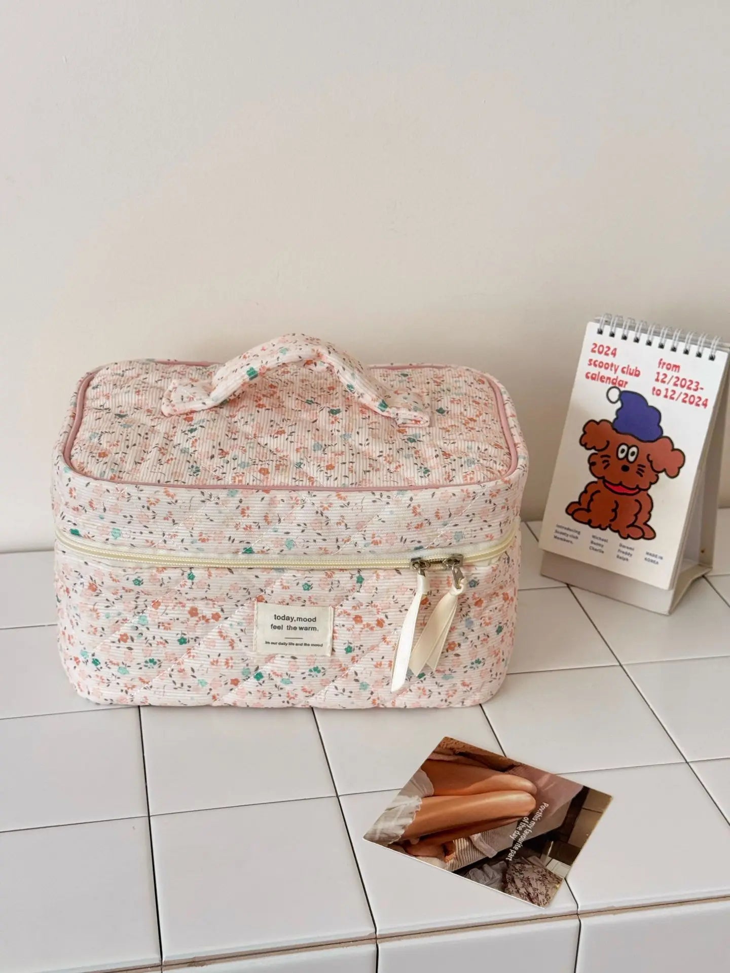 Vintage Corduroy Floral Makeup Bag - Retro Zipper Cosmetic Pouch Clutch for Women