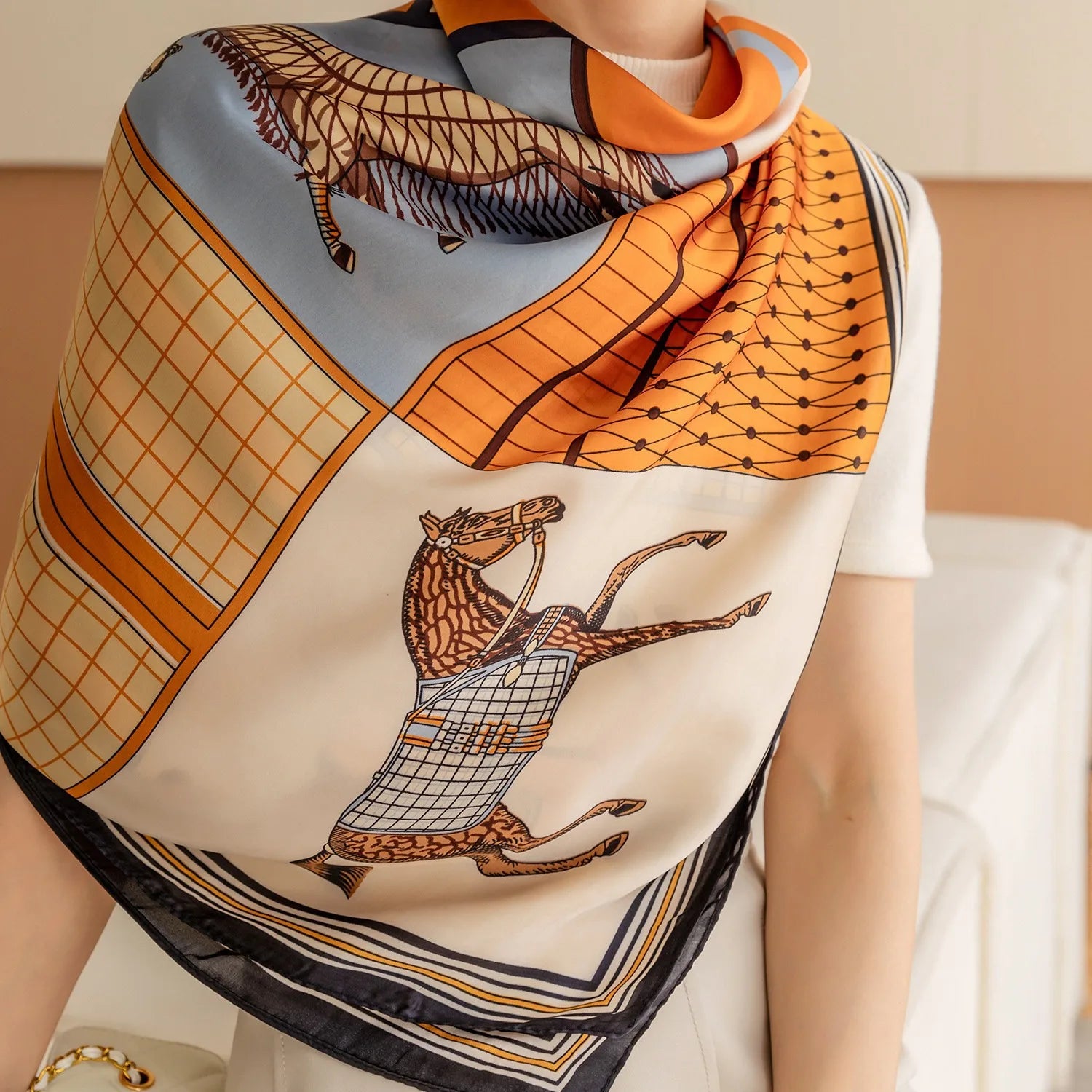 Luxury Horse Print Square Scarf - Vintage Imitation Silk Shawl Head Wrap, Windproof, 110 x 110 cm (43.3 x 43.3 in)