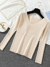 Women V-Neck Knitted Pullover Sweater — Slim Fit Long Sleeve One Size Autumn/Winter