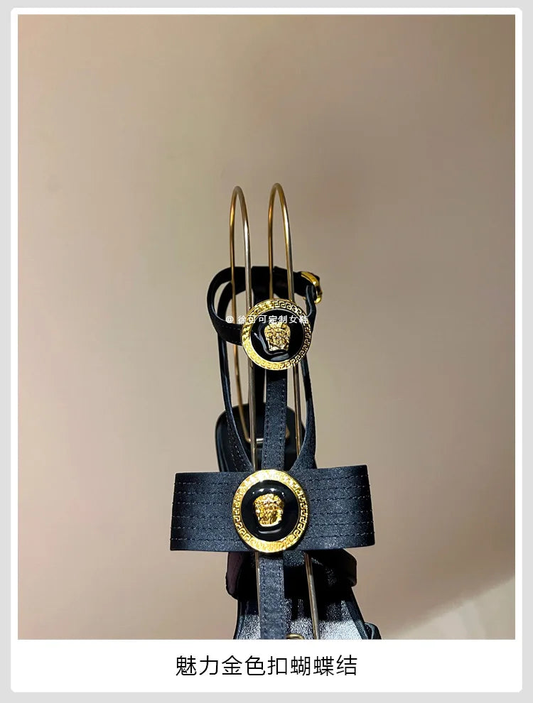 Bow Tie Pointed Toe Thin Heel Sandals for Women, Roman Straight Strap, 2.0-3.1 in (5-8 cm) Heel