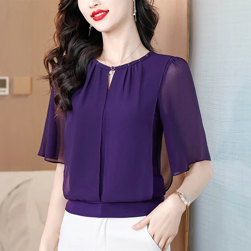Women's Half-Sleeve Chiffon Blouse - Loose Casual Solid Color Pullover Top