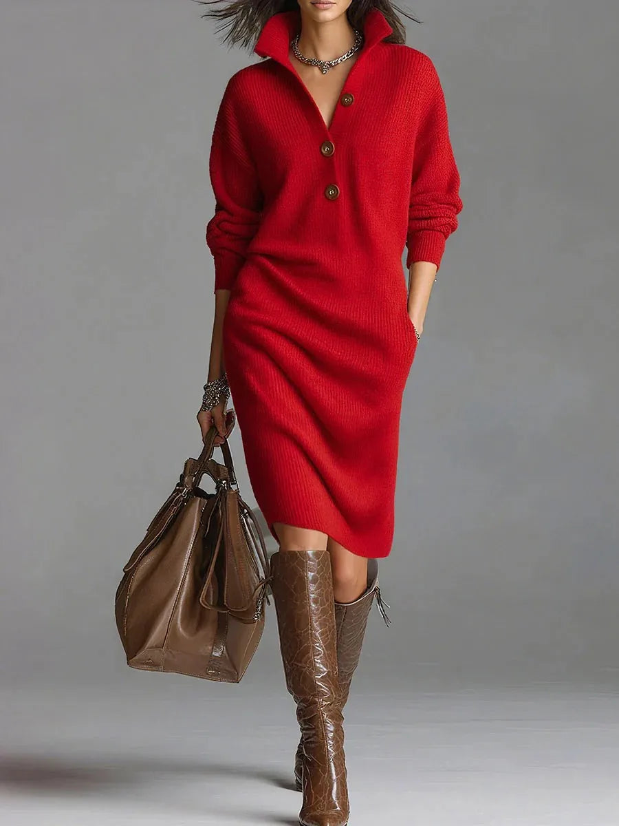 Women's V-Neck Button Lapel Knitted Sweater Dress — Knee-Length A-Line Casual (Spring/Autumn)