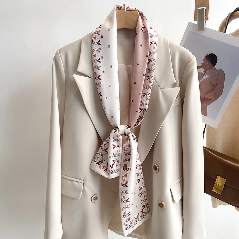 Women's Silk-Feel Printed Long Narrow Scarf 12 x 148 cm (4.7 x 58.3 in) - 50+ Colors | Headband & Shawl