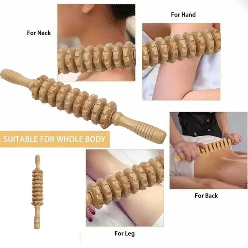 Wooden Handheld Massage Roller and Gua Sha Tool – Full-Body Trigger Point Massager for Women & Men