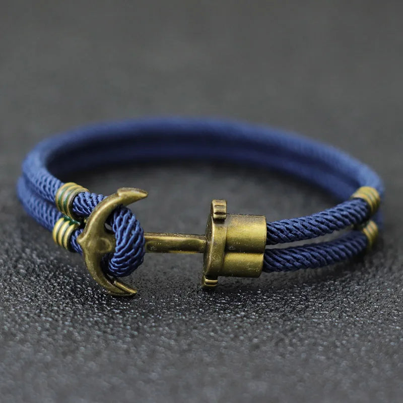 Men's Nautical Rope Bracelet with Anchor Charm - Bronze Bilayer 8.1 in (20.5 cm) Easy-Hook Surfer Bracelet