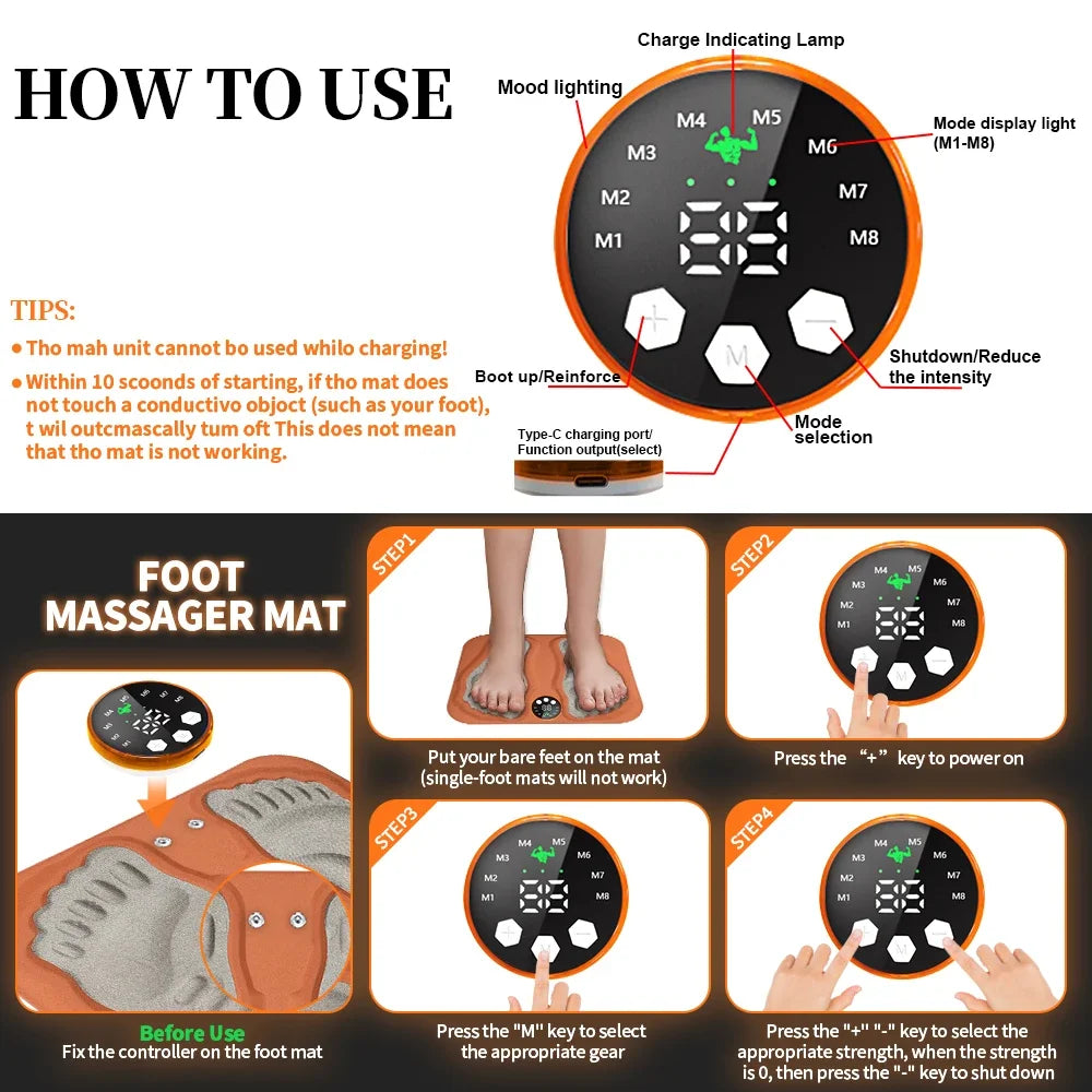 3D Smart Foot Massager Pad – 8 Modes, 29 Levels TENS/EMS for Foot & Calf Muscle Relief