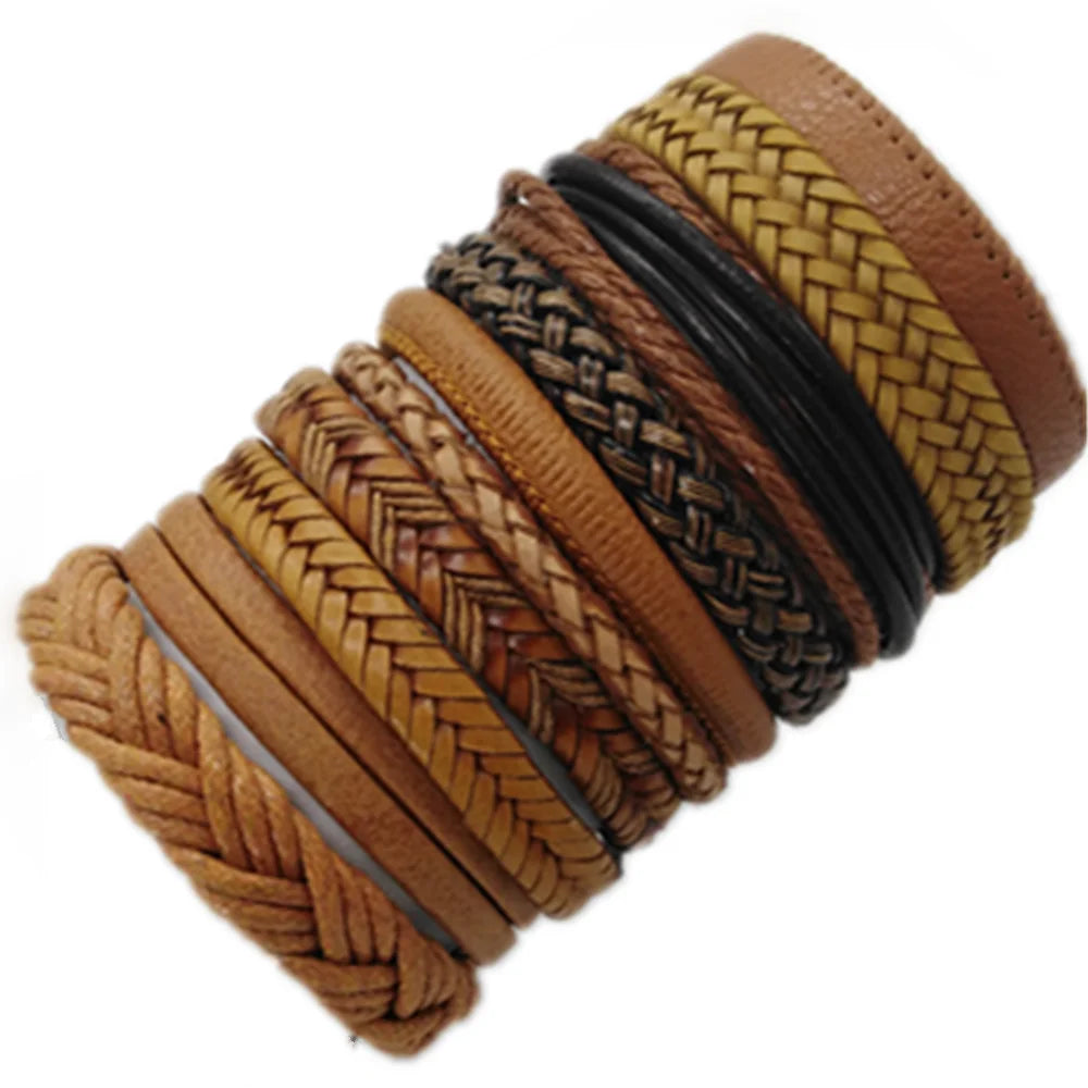 10-Pack Adjustable Black Woven Wrap Leather Bracelets – Handmade Unisex Rope Chain Lace-Up