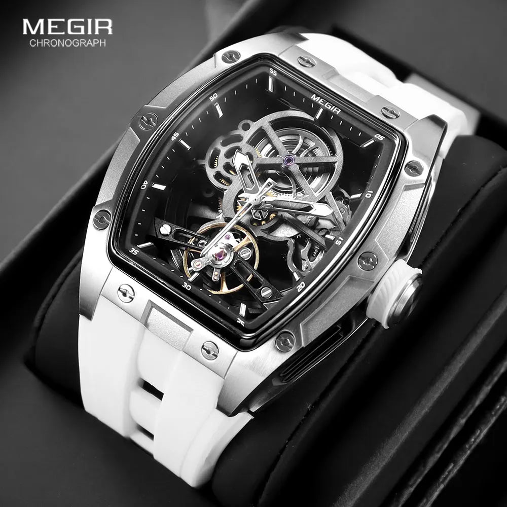 MEGIR Automatic Mechanical Men's Skeleton Watch 40-44mm (1.57-1.73 in) Stainless Steel Tonneau Case Silicone Strap 3ATM Water Resistant