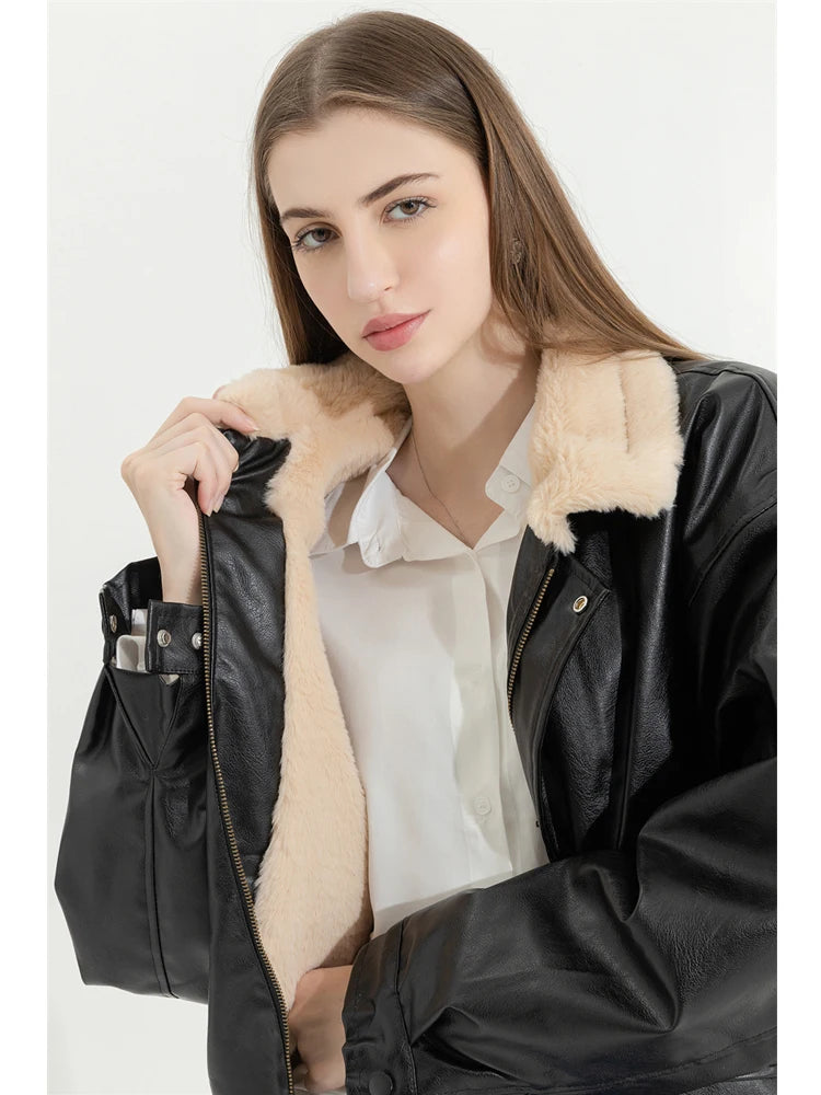 Women's Faux Leather Fur-Lined Motorcycle Jacket — Lamb Wool Lined PU Lapel Coat, Long Sleeve Loose Vintage Warm Jacket