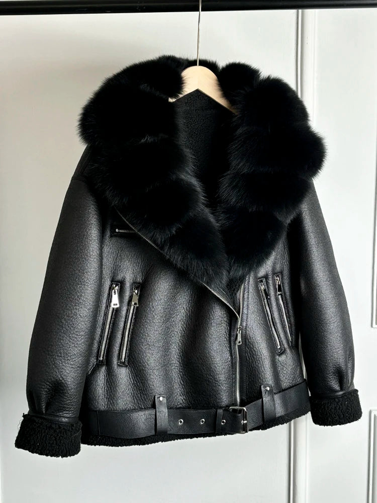 Women's Faux Leather Shearling Coat with Large Fox Fur Collar - Warm PU Moto Biker Jacket
