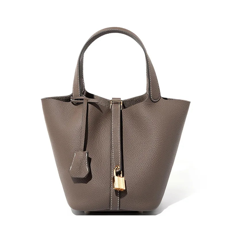 Genuine Leather Litchi-Texture Mini Bucket Shoulder Bag with Lock - Soft Tote Handbag for Women