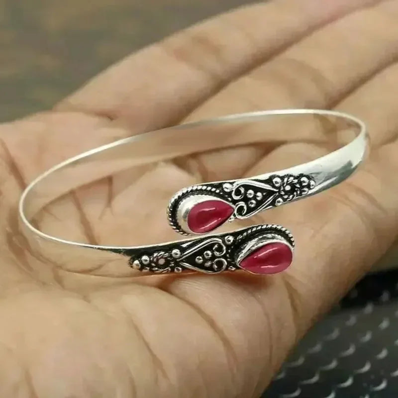 Vintage Ethnic Carved Floral Zirconia Inlaid Adjustable Open Cuff Bracelet - Unisex Party Jewelry