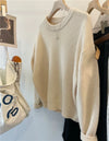 Vintage Grey V-Neck Knit Pullover Sweater for Women – Casual Loose Fit, Autumn/Winter